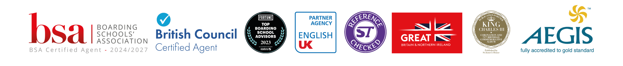 BSA certified Agent, British Council certified agent, Top boarding school advisor 2023, English UK partner agency, StudyTravel reference checked, Great UK, King Charles Book, AEGIS Gold Standard Accreditation